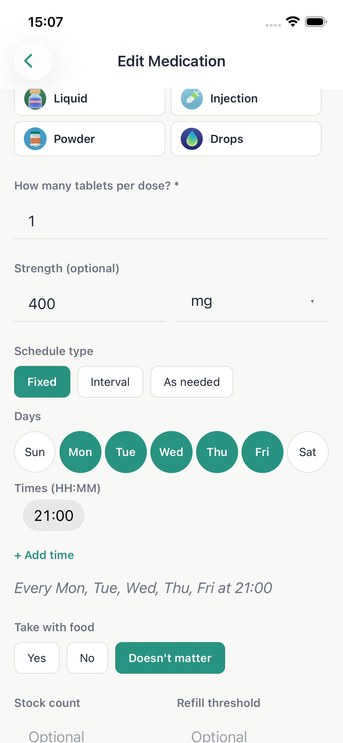 Wellnest medication edit screen showing dose and schedule configuration