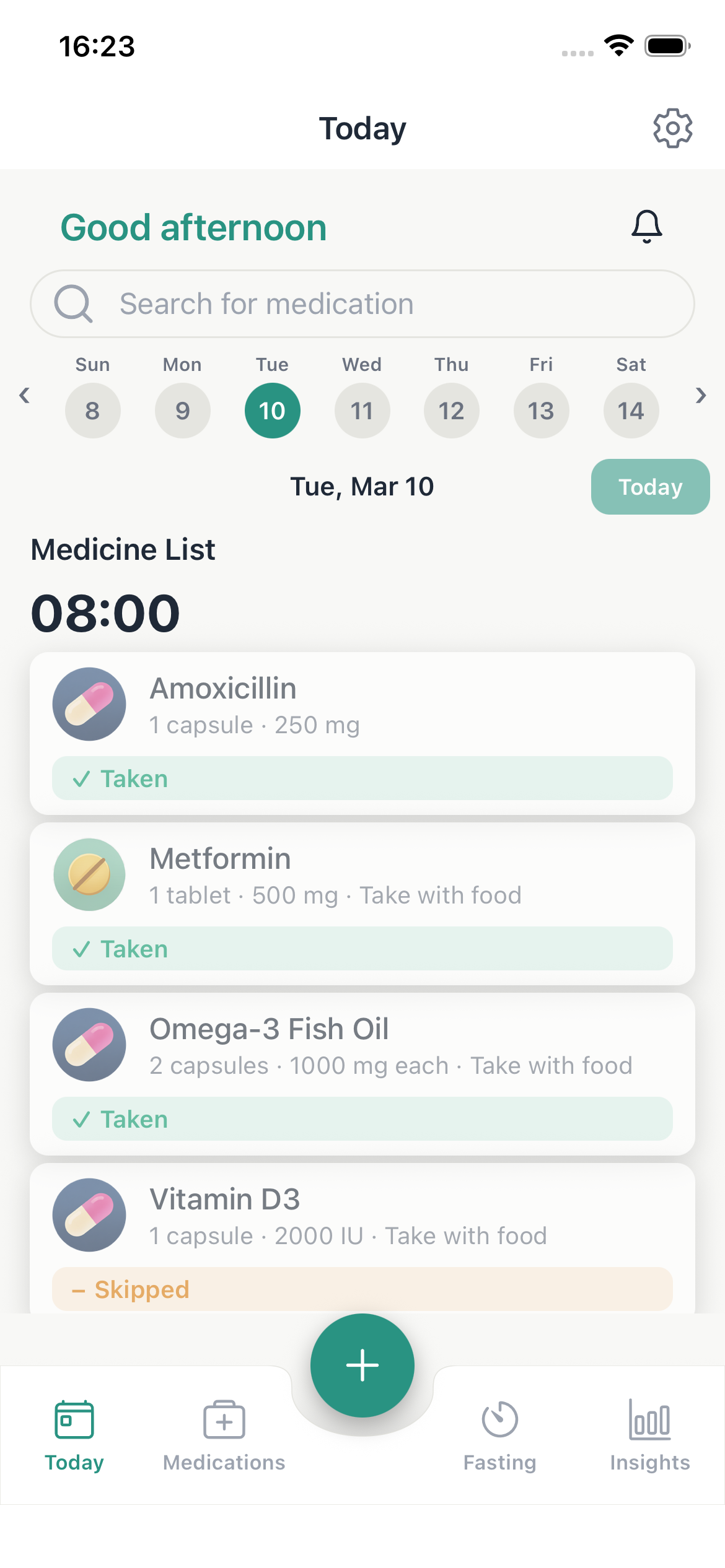 Wellnest Today screen showing confirmed medication doses